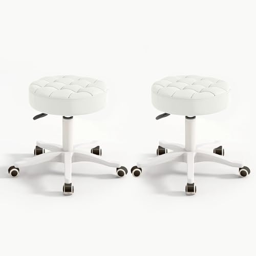Image of Small Chair Round Rolling Stool with Wheels PU Leather Height Adjustable Swivel Drafting Work SPA Salon Stools Home Office Chair