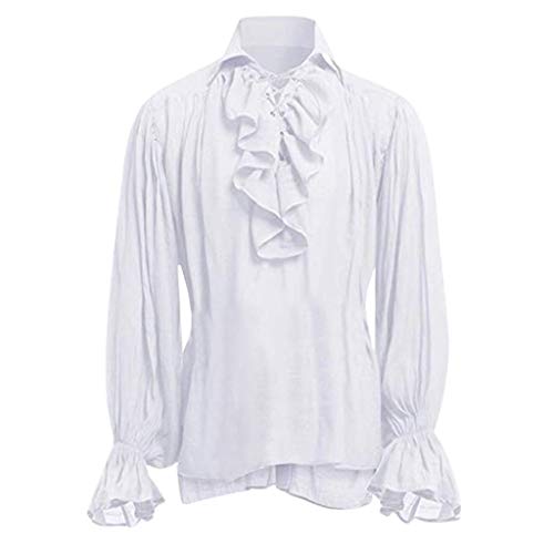 Chemise de Pirate Homme - À Volants - Médiévale - À Lacets - Gothique - Manches Longues - Costume Renaissance Viking Victorien - Steampunk Cosplay, Blanc, L