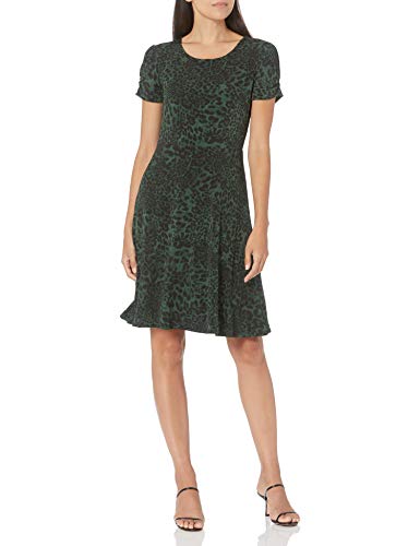 Lark & Ro Women's Lightweight Crew Neck Gathered Short Sleeve Crew Neck Fit and Flare Dress, OLIVE LEOPARD, 6