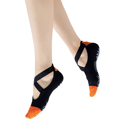Yoga Pilates Socks with Grips Cross Band for Women Non Slip Cushioned Ankle Socks for Barre Ballet Dance (Orange)