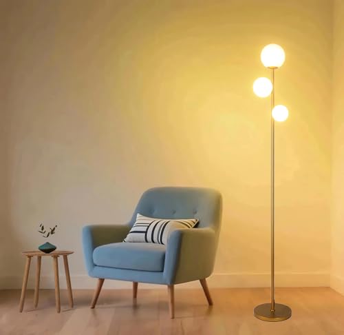 Fiqevs Lámpara de pie moderna de mediados de siglo de 3 globos para sala de estar, lámpara de pie dorada con visualización de vidrio esmerilado y bombillas LED cálidas de 3 x...