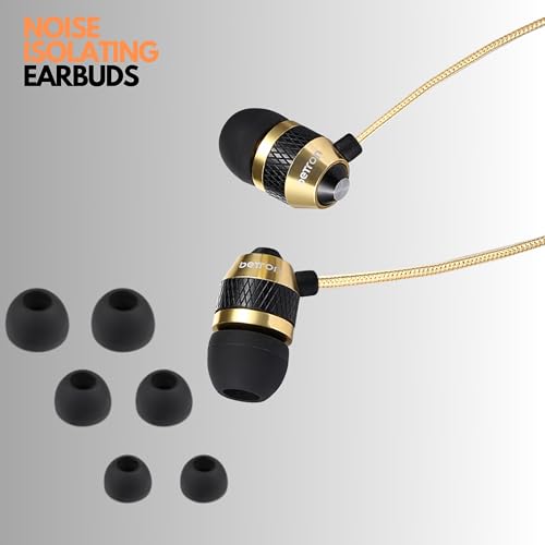 Image of Betron B25 Earphones, Noise Isolating in-Ear Wired Headphones with Strong Bass, Tangle-Free Cord, Lightweight, Carry Case and Soft Earbud Tips, Gold