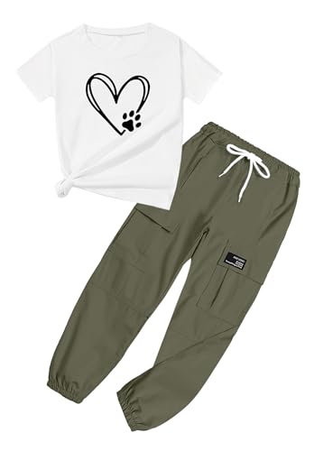 SENLLORLIN Girls 2 Piece Outfits Casual Drawstring Cargo Jogger Pants with Heart Print Short Sleeve Top Set