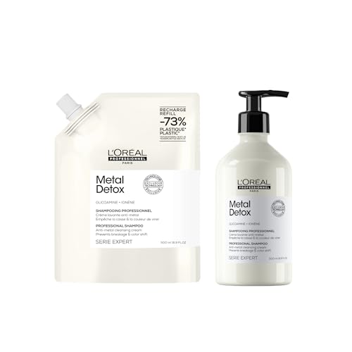 Image of L’Oréal Professionnel Metal Detox Shampoo & Refill Big pack bundle 1L (2x 500ml), Prevent Breakage & Colour Fade from hard water, prevent Damaged Hair, Sulphate-Free & Vegan