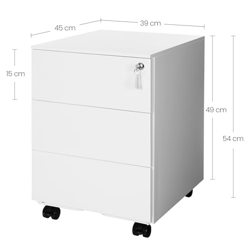 SONGMICS Schubladenschrank, Rollcontainer, mobiler Aktenschrank, Metallschrank, Druckertisch, abschließbar, 3 Schubladen, vormontiert, Büro, Homeoffice, 45 x 39 x 54 cm, wolkenweiß OFC63WT