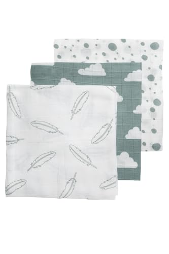 Meyco 452003 Set di 3 fasce in garza/mussola 70x70cm FEDER-WOLKE-DOTS Verde pietra-Bianco