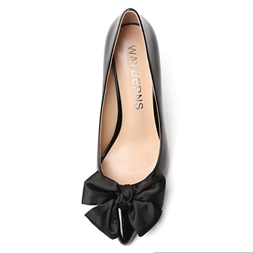 WAYDERNS Womens Slip On Casual Pointed Toe Solid Bow Dating Patent Wedge High Heel Pumps Shoes 3.3 Inch3