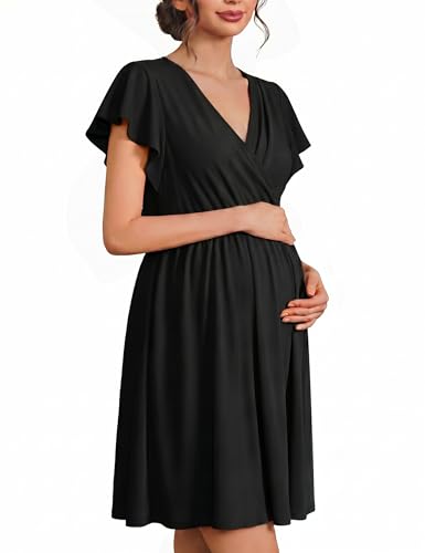 Ekouaer Cotton Labor and Delivery Gown for Hospital 3 in 1 Nursing Nightgown for Breastfeeding Short Sleeve Maternity Dress Black M