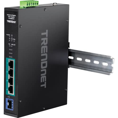 Image of TRENDnet 5-Port Industrial Gigabit PoE+ Switch, Wide Temperature Range -20 - 65C (-4 - 149F), DIN-Rail Switch, 50-55V DC, 4 x Gigabit PoE+ Ports, 1 x Gigabit SFP Slot, TI-PGM541, Black