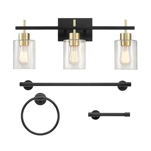Image of Globe Electric 4-Piece All-in-One Bathroom Set, Matte Black, 3-Light Vanity Light with Clear Glass Shades and Matte Brass Accents, Towel Bar, Toilet Paper Holder, Towel Ring