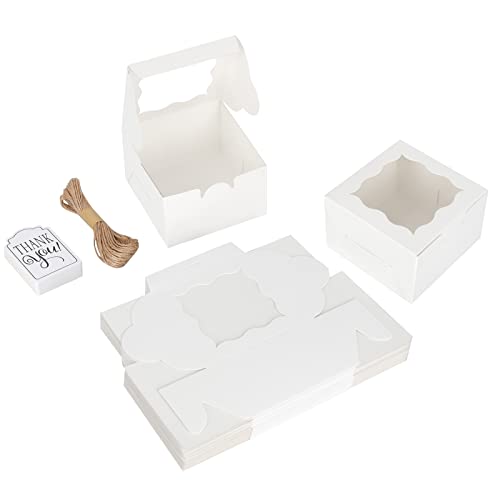 KPOSIYA 60 Pcs White Bakery Boxes with Window Individual Cupcake Box 4x4x2.5 Inches Cookie Boxes Kraft Paper Brown Gift Box for Pastries, Cookies, Pie, Donuts, Macaroon (60, White)