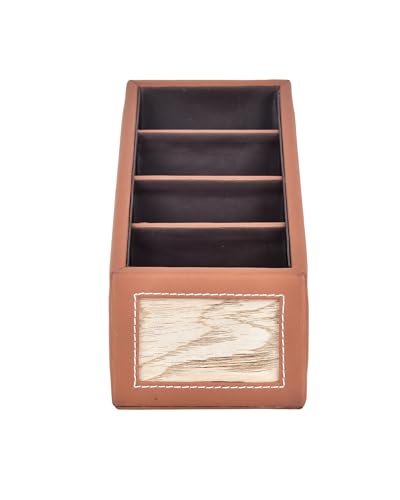 Image of Premsons Remote Holder Artificial Leather with Wooden Finish - 4 Section Tabletop Organizer for TV, AC & Office Desk Accessories - Compact & Stylish Storage Solution for Home & Office - Orange