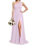 ORRCIGH Vestido de dama de honor con un hombro descubierto, vestido de gasa plisado, vestido largo para fiesta de noche, vestido largo con abertura para mujer WPX021, morado, 46