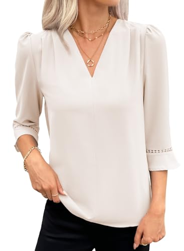 EVALESS Women's 3/4 Sleeve Tops Dressy Casual Pleated V Neck Business Work Blouses Office Shirts4