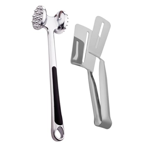 OUNONA 2Pcs Stainless Steel Kitchen Tongs Meat Mallet Premium Food Tenderizing Tool for Bbq and Cooking Easy Clean Design Essential Kitchen Supplies for Every Home