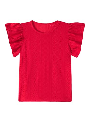 Image of Girls Striped Shirt Flutter Sleeve Top Crewneck Cute Summer T Shirts Casual Tees Solid Red 5-6 Years