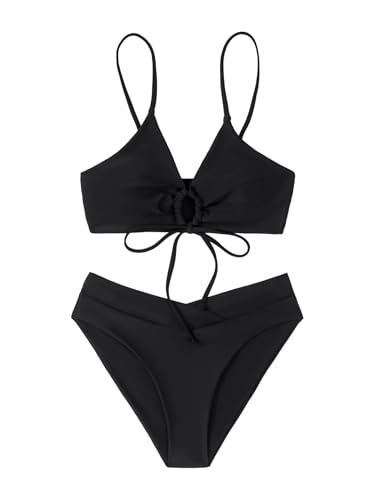 Women's V Neck Swimsuit Tie Front Bathing Suit 2 Piece Bikini Set