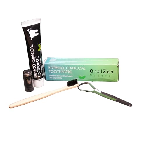 OralZen Total Dental Care Kit – Fluoride-Free Charcoal Toothpaste with Bentonite Clay, Bamboo Toothbrush, Stainless Steel Tongue Scraper & Dental Floss for Complete Oral Hygiene