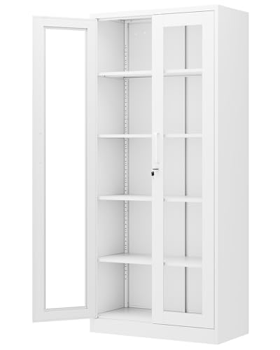 PEUKC Display Cabinet with Glass Doors, 71 Inches Metal Display Case with 4 Adjustable Shelves, Curio Storage Cabinet with Lock for Home, Office, Book, Pantry, Assemble Required (White)