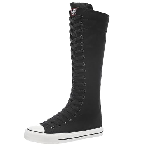 ANUFER Fille Femmes Genou Haut Bottes en Toile Lacets Zip Plat Chaussures de Sport Noir F888 EU38.5