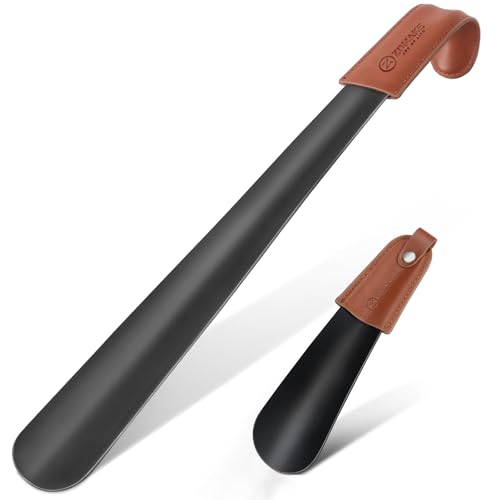 ZOMAKE Calzador de Zapatos 2 Piezas,42cm Largo Metalico Calzadores Largos para Personas Mayores con Correa Cuero,17cm Acero Inoxidable Shoe Horn Fácil de Utilizar(2 Piezas Negras B)