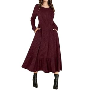 ANRABESS Womens Long Sleeve Midi Dress 2025 Fall Rib Knit Crew Neck A Line Soft Flowy Swing Dresses with Pocket Casual Trendy