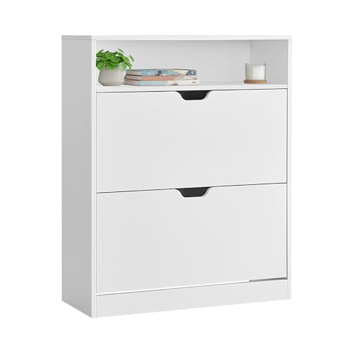 VASAGLE Zapatero 2 Compartimientos, Zapatero con Puerta Abatible, Organizador de Zapatos, Estante, División Ajustable, 11 16 Pares de Zapatos, Pasillo, 24 x 80 x 102 cm, Blanco Nube LBC048W01