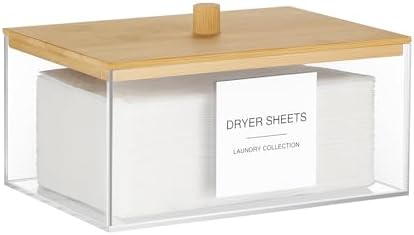 TIPGO Acrylic Dryer Sheet Holder with Lid, Clear Laundry Sheets Container with 27 Labels, Laundry Pods Storage for Laundry Room Organization