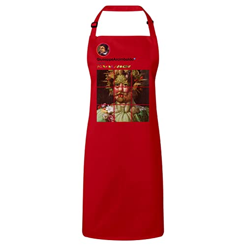 Tablier cuisine rouge motif peintre Arcimboldo pour protéger vos vêtements avec style