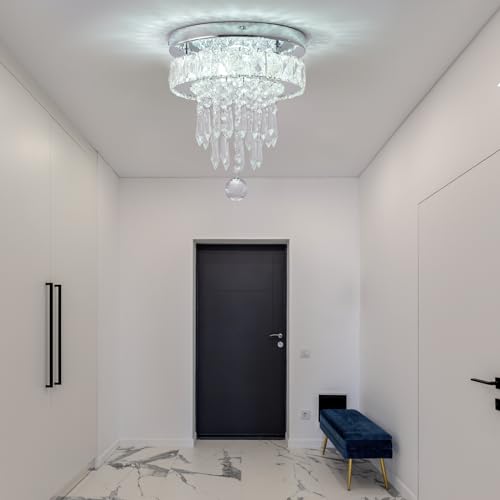 LEONTYNE 9.8" Small Flush Mount LED Crystal Chandelier with K9 Crystals & Steel Frame, Ceiling Light Chandelier for Bedroom Dining Living Hallway (6000K Cool White)