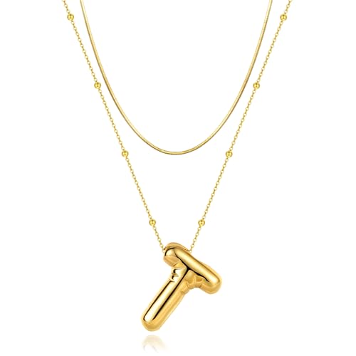 LUCA SMITH 2-Piece Initial Necklaces for Women, Dainty Balloon Bubble A-Z Letter Necklace Set, Name Letter Alphabet Pendant Layered Choker Necklaces Personalized Jewelry Gift