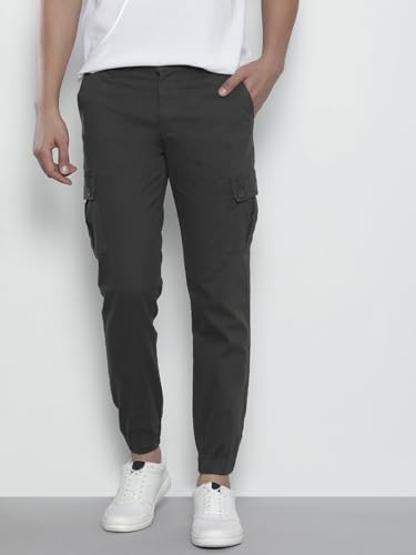 Image of THE INDIAN GARAGE CO Men Slim Fit Solid Mid-Rise Stretchable Cuffed Cargos