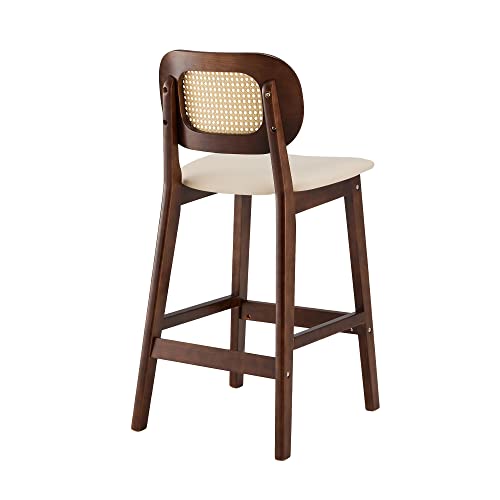 Rêvelife 25.2” Counter Height Bar Stools Set Of 3, Pu Leather Upholstered Counter Stool With Rattan Back And Solid Wood Frame Mid-Century Modern Bar Chair For Dining Room Kitchen Island, White #TOP5