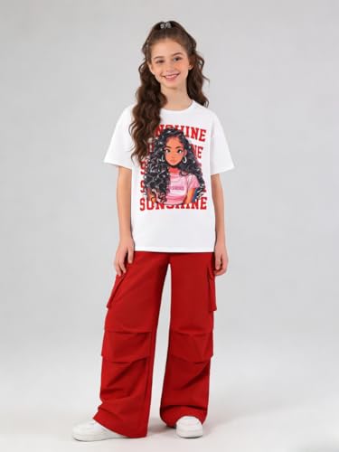 Image of Tween Girls Clothes Short Sleeve Graphic T-Shirt Top + Cargo Pants 2pcs Outfit Set, Size 7-15Years