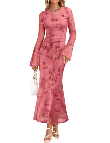ZESICA Women's Long Sleeve Floral Bodycon Dress 2025 Fall Fashion Ruched Mesh Wedding Guest Cocktail Party Maxi Dresses, Tie Dye Pink, M
