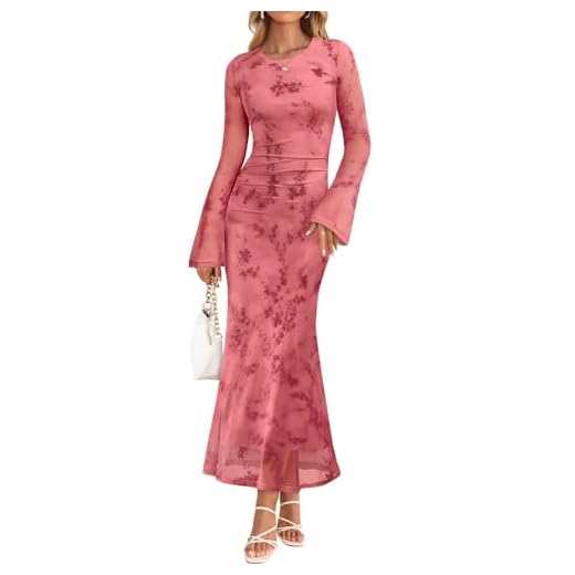 ZESICA Women's Long Sleeve Floral Bodycon Dress 2026 Spring Fall Ruched Mesh Wedding Guest Cocktail Party Maxi Dresses, Tie Dye Pink, S