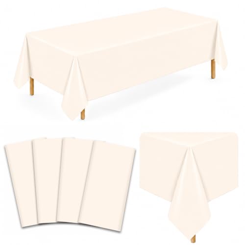 Image of WNINK 4 Pack Ivory Plastic Tablecloths, 54 x 108 Inch Disposable Covers | Ideal for Weddings, Bridal Showers, Baby Showers and Birthdays, Helping Protect Tabletops from Spills and Simplify Cleanup