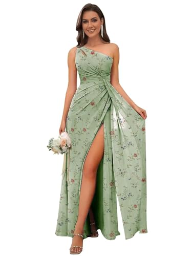 Image of OFEECHUN Women's Chiffon One Shoulder Bridesmaid Dresses Long Pleated Formal Evening Gowns with Slit
