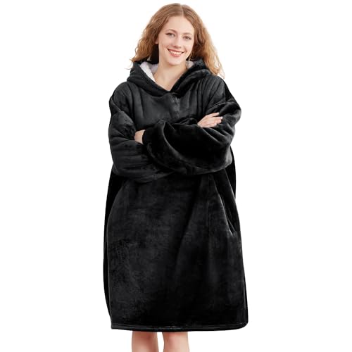 AmyHomie Sherpa-Lined Wearable Blanket Hoodie — Oversized Black
