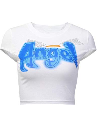 Lancifolium White Crop Top Women Summer Angel Letter Graphic Sexy Crop Top O Neck Basic Short Sleeve Cropped Tee Shirt (XS, Angel Cup Sleeve White)