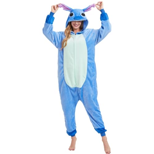 ALANTOP Pijama unisex para adultos, disfraz de animal de una pieza, disfraz de Halloween, cosplay, Navidad, ropa de dormir para mujeres y hombres, Cremallera azul, L