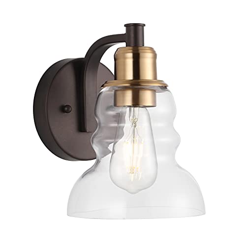 Image of JONATHAN Y 6.5 inch Brass Gold /Oil Rubbed Bronze Modern Industrial Rustic 1-Light LED Vanity Light with Clear Glass Shade, Vintage Wall Sconce for Bathroom Kitchen Hallway, LED Bulb Included JYL3544A