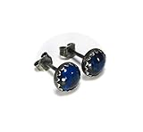 Earrings Studs Mens Black with Blue Lapis Gemstone in Oxidized Sterling Silver