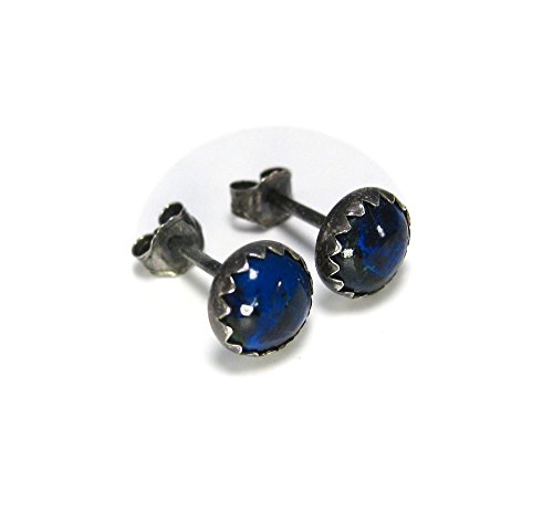 Earrings Studs Mens Black with Blue Lapis Gemstone in Oxidized Sterling Silver