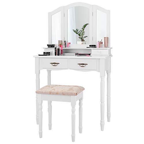 Giantex Vanity Set with Tri-Folding Mirror, Makeup Dressing Table with 4 Drawers