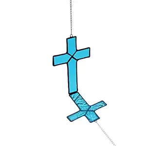 BOXCASA Catholic Crosses Stained Glass Window Hanging,Cross Glass Hanging Ornament Suncatcher for Windows,Faith and Hope Collection Gift for Grandpa,6 - 3.5 Inch