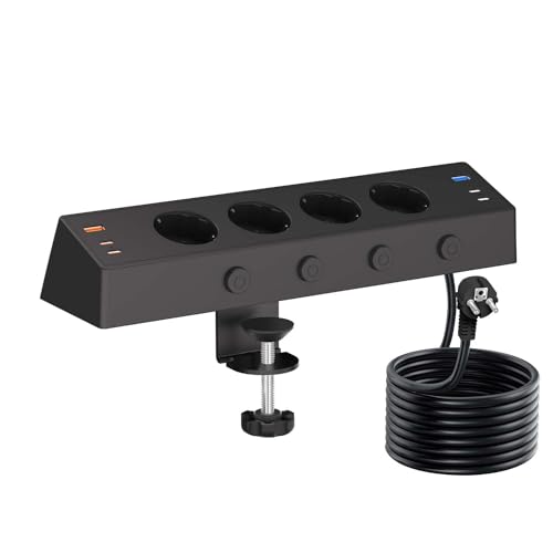 Bordsuttag med USB C 20W, 4-vägs grenuttag skrivbord individuellt omkopplingsbart med 4 USB C och 2 USB A, multipeluttag med strömbrytare, överspänningsskydd med 2M kabel för hemmakontor (svart)