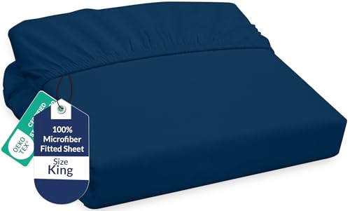 Image of Royale Linens Fitted Sheet King - Ultra Soft 1800 Brushed Microfiber - Hotel Luxury Bottom Sheets - Wrinkle Free & Fade Resistant - Deep Pocket Fitted Sheet Only (King, Navy)