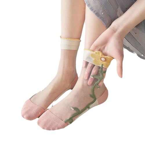 Womens Summer Sheer Socks Mesh Cute Floral Dress Sock Transparent Nylon See Through Stockings 3 Pairs4