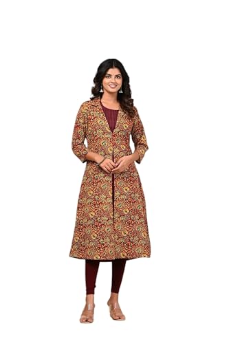 Image of KANNAHI Women Pure Cotton Printed Straight Calf Length Regular Jaipuri Kurta and Shrug Set with Floral Print for Womens & Girls Grey